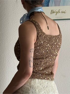 Vintage 90s Brown Textured, Gold Sequined Tank Top S